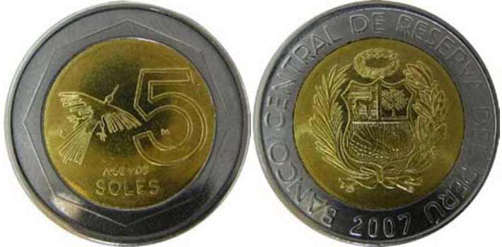 Peruvian 5 nuevos soles coin 1994 2009