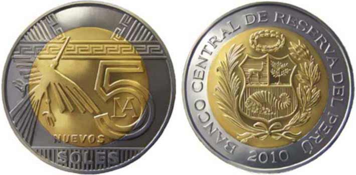 Peruvian 5 nuevos soles coin 2010 2015