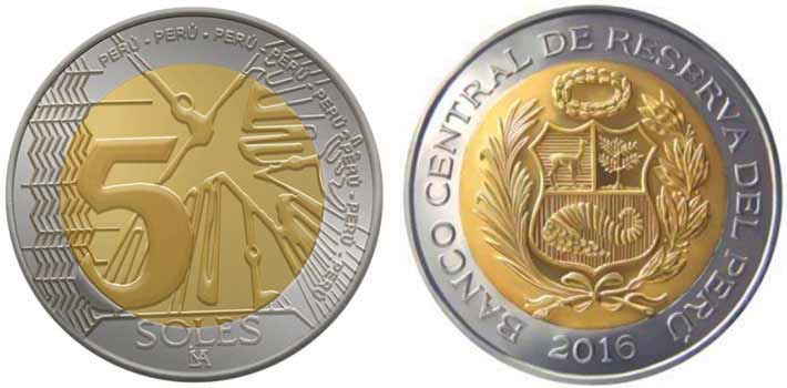 Peruvian 5 soles coin 2016