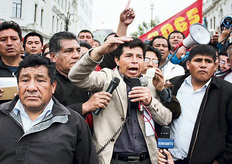 Union leader Pedro Castillo on a demonstration during the 2017 teachers' strike in Peru