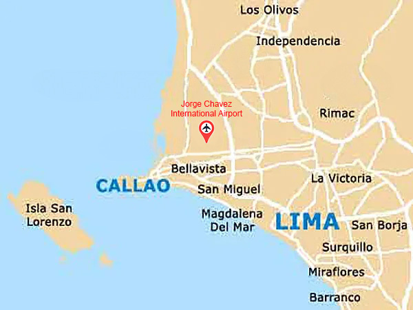 Where is the Jorge Chavez International Airport in Lima Peru Location of Lima's Jorge Chavez International Airport in Callao