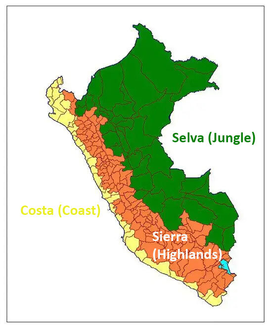 Map of Peru indicating the coastal region (costa), the highlands (sierra) and jungle region (selva)