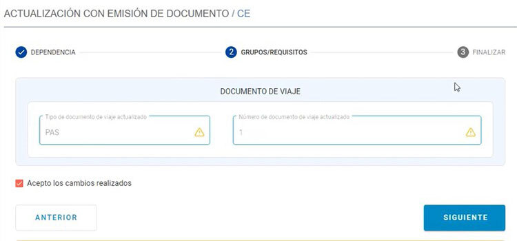 Update of your personal information in the Migraciones database Actualización de datos con emisión de documento application