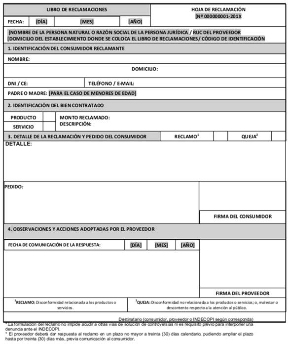 Peruvian complaints book, how the complaint form looks like