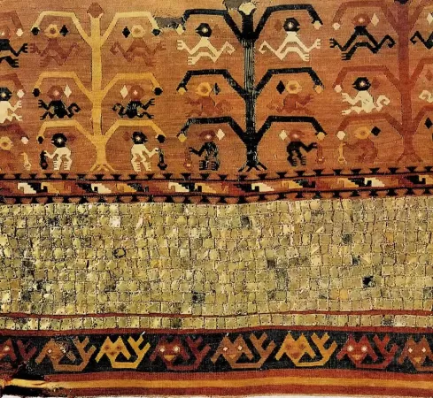 Chimú Culture Tapestry Tunic with Golden Spangles (1200 A.D.), 50 x 118 cm (Los Angeles County Museum) Chimú Culture Tapestry Tunic with Golden Spangles (1200 A.D.), 50 x 118 cm (Los Angeles County Museum)