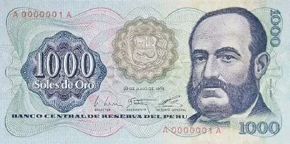 1000 Soles de Oro Peruvian banknote from 1979 with the image of Miguel Grau 1000 Soles de Oro Peruvian banknote from 1979 with the image of Miguel Grau