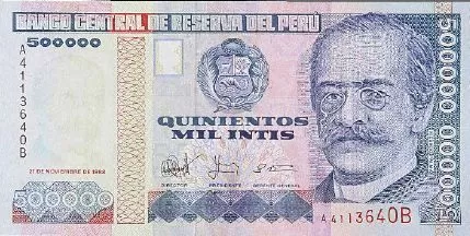 500,000 Intis banknote from 1988 with the image of the famous Ricardo Palma 500,000 Intis banknote from 1988 with the image of the famous Ricardo Palma