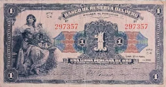 One Libra Peruana de Oro from 1922 - Old Peruvian Banknote One Libra Peruana de Oro from 1922 - Old Peruvian Banknote