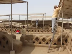 The vulnerable earthen constructions at the Chan Chan archaeological complex are covered for protection.