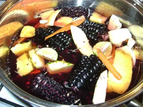 To prepare Chicha Morada just boil Peruvian purple corn, pineapple, apples, cinnamon and cloves in water To prepare Chicha Morada just boil Peruvian purple corn, pineapple, apples, cinnamon and cloves in water