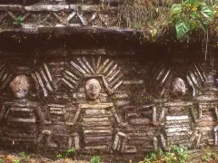 Beautiful decoration on walls of the stone buildings at Gran Pajaten in Peru