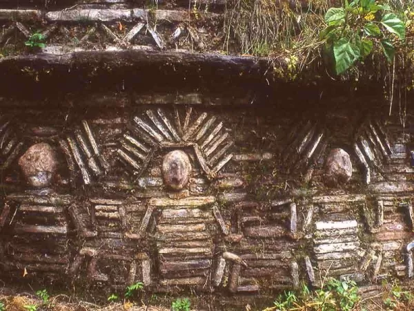 Beautiful decoration on walls of the stone buildings at Gran Pajaten in Peru Beautiful decoration on walls of the stone buildings at Gran Pajaten in Peru