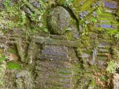 Beautiful decoration on walls of the stone buildings at Gran Pajaten in Peru