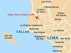 Map showing the location of Jorge Chavez International Airport in the Lima Metropolitan area