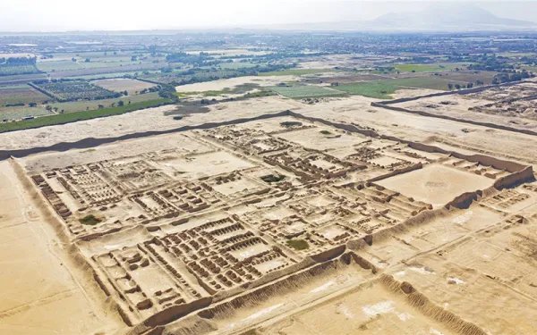 Aerial view of the Chan Chan archaeological zone in northern Peru