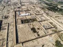 Aerial view of the Tschudi Palace inside the Chan Chan archaeological zone near Trujillo, Peru.