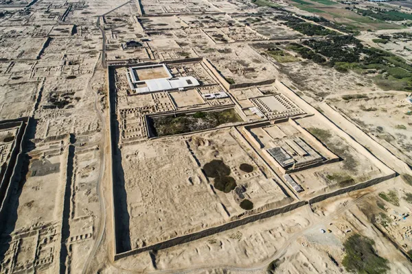 Aerial view of the Tschudi Palace inside the Chan Chan archaeological zone near Trujillo, Peru.