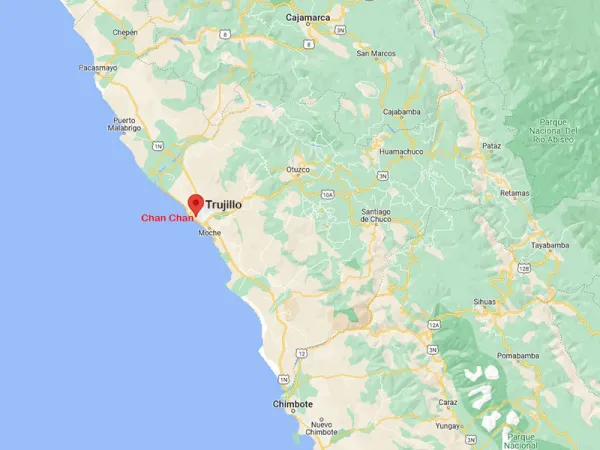 Location map of the Chan Chan archaeological zone near Trujillo in northern Peru.