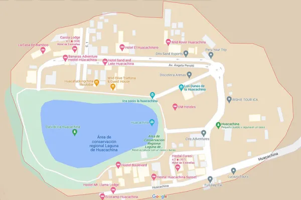 Map Huacachina, Ica, Peru with hotel locations Map Huacachina, Ica, Peru with hotel locations