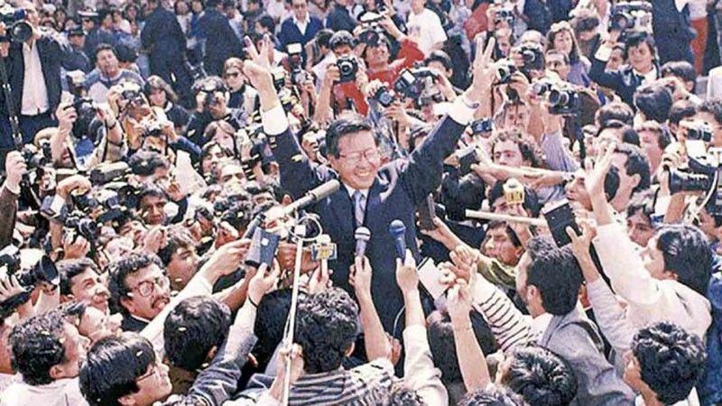Peruvians celebrate Alberto Fujimori after he won the presidential elections in 1990