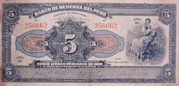 1922 - 5 Libras Peruanas de Oro banknote (front)