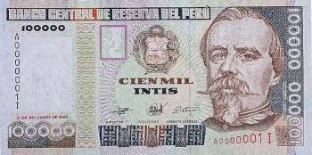 1989 - 100000 Intis banknote - front