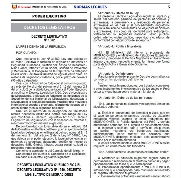 Legislative Decree No. 1582 (Modification of the Peruvian Foreigner Law, Nov 2023)