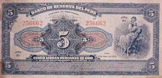 1922 - 5 Libras Peruanas de Oro banknote