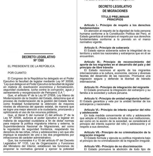 The Legislative Decree of Migration No. 1350 (Peruvian Foreigner Law, 2017-2023)